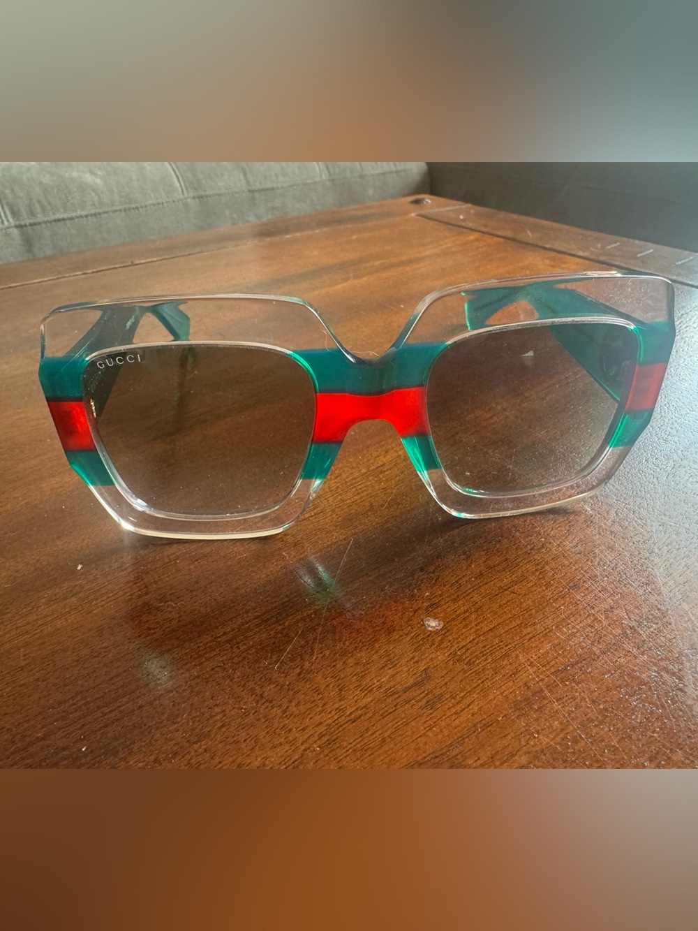 Gucci Oversize Clear Green Red Square Frame Women Sunglasses